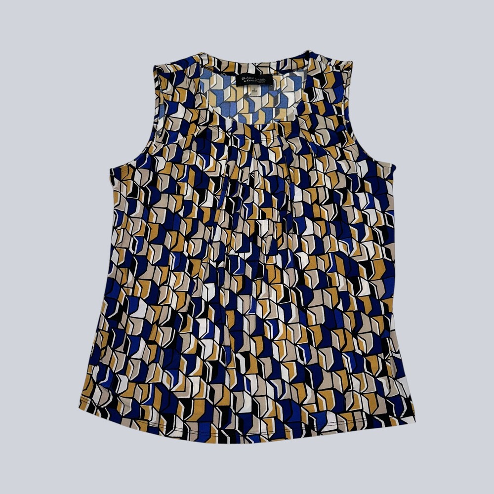 Black Label Evan-Picone Sleeveless Blouse Small Blue Beige Geometric Pattern